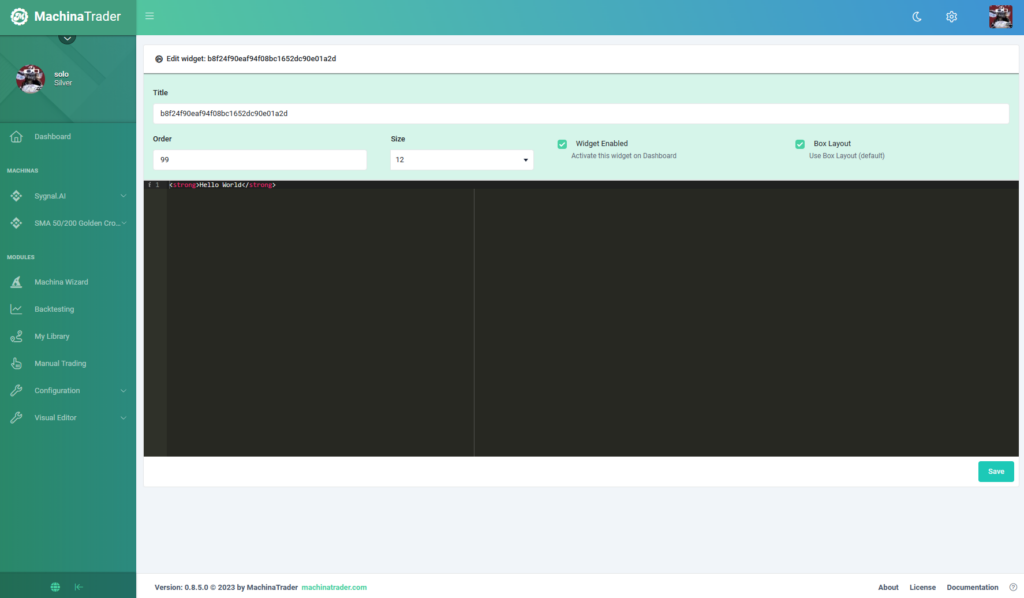 dashboard machinatrader add custom widget