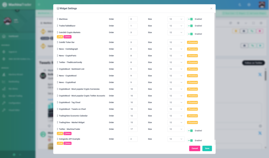 dashboard machinatrader widgets download